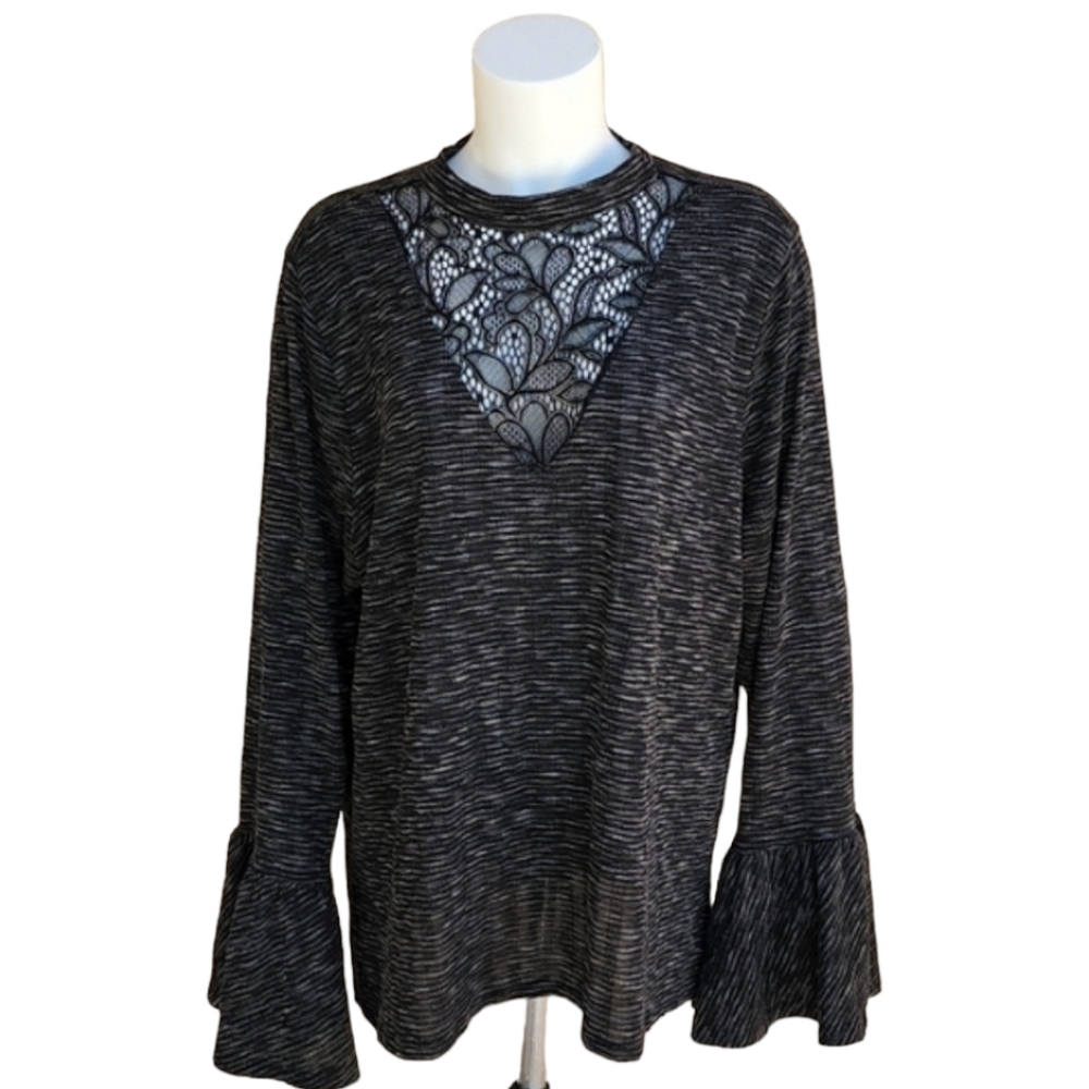 Heathered Black Lace Top 2X Bell Sleeve Knit Tunic Plus Size Feminine Flowy - Picture 10 of 16